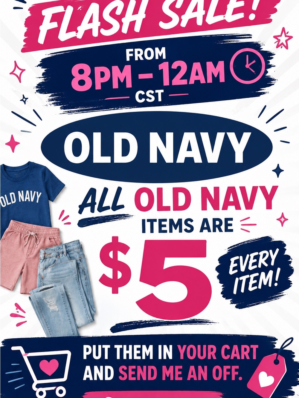 Old Navy Blue Logo Tee with Pink Shorts and Light Wash Jeans